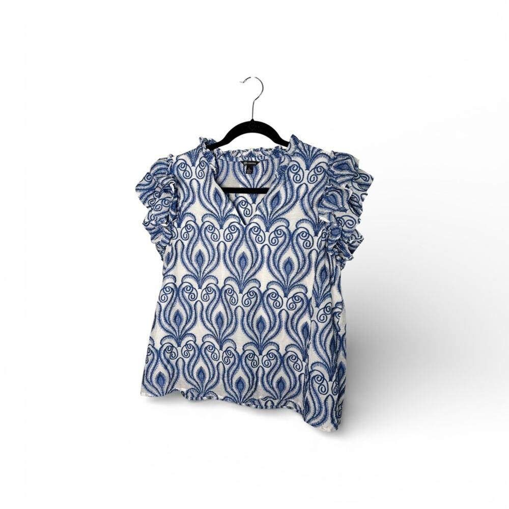 Versona Blue & White Embroidered Ruffle Sleeve V Neck Blouse Size Large
